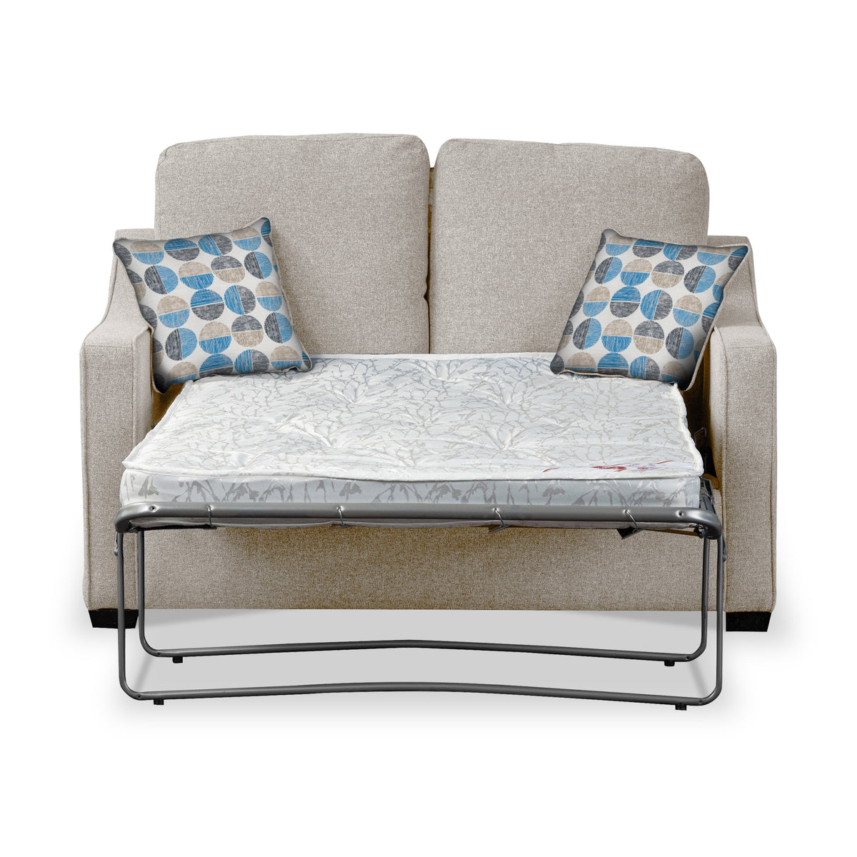 Fenton Oatmeal Soft Weave 2 Seater Sofabed with Blue Scatter Cushions from Roseland Furniture