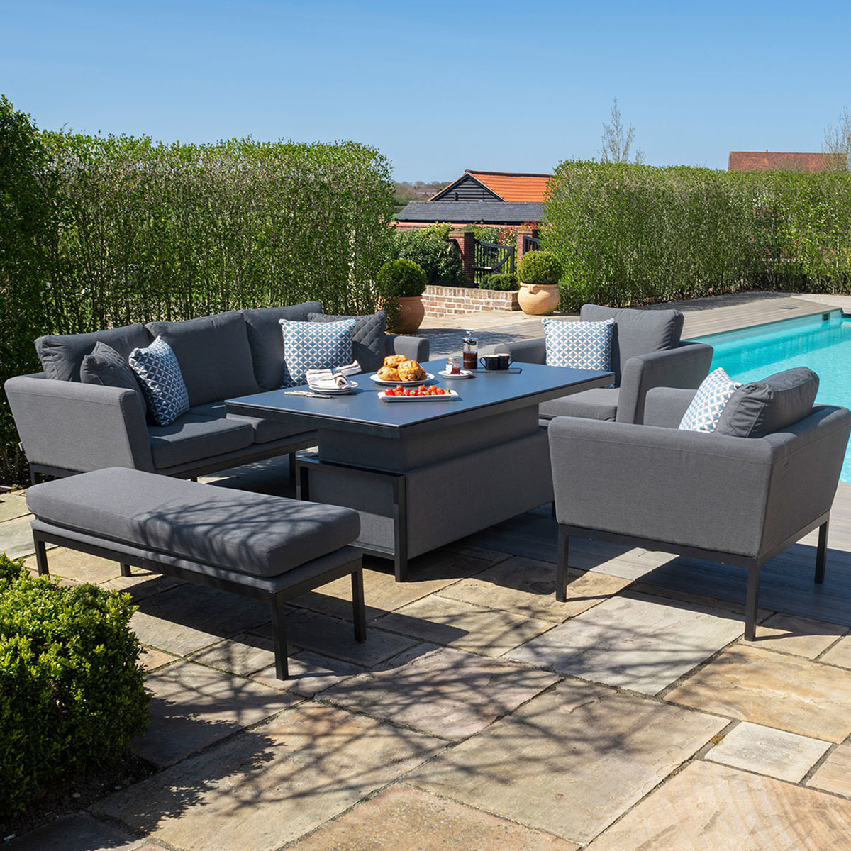 Maze Pulse Flannelle 3 Seat Sofa Outdoor Dining Set with Rising Table from Roseland Furniture