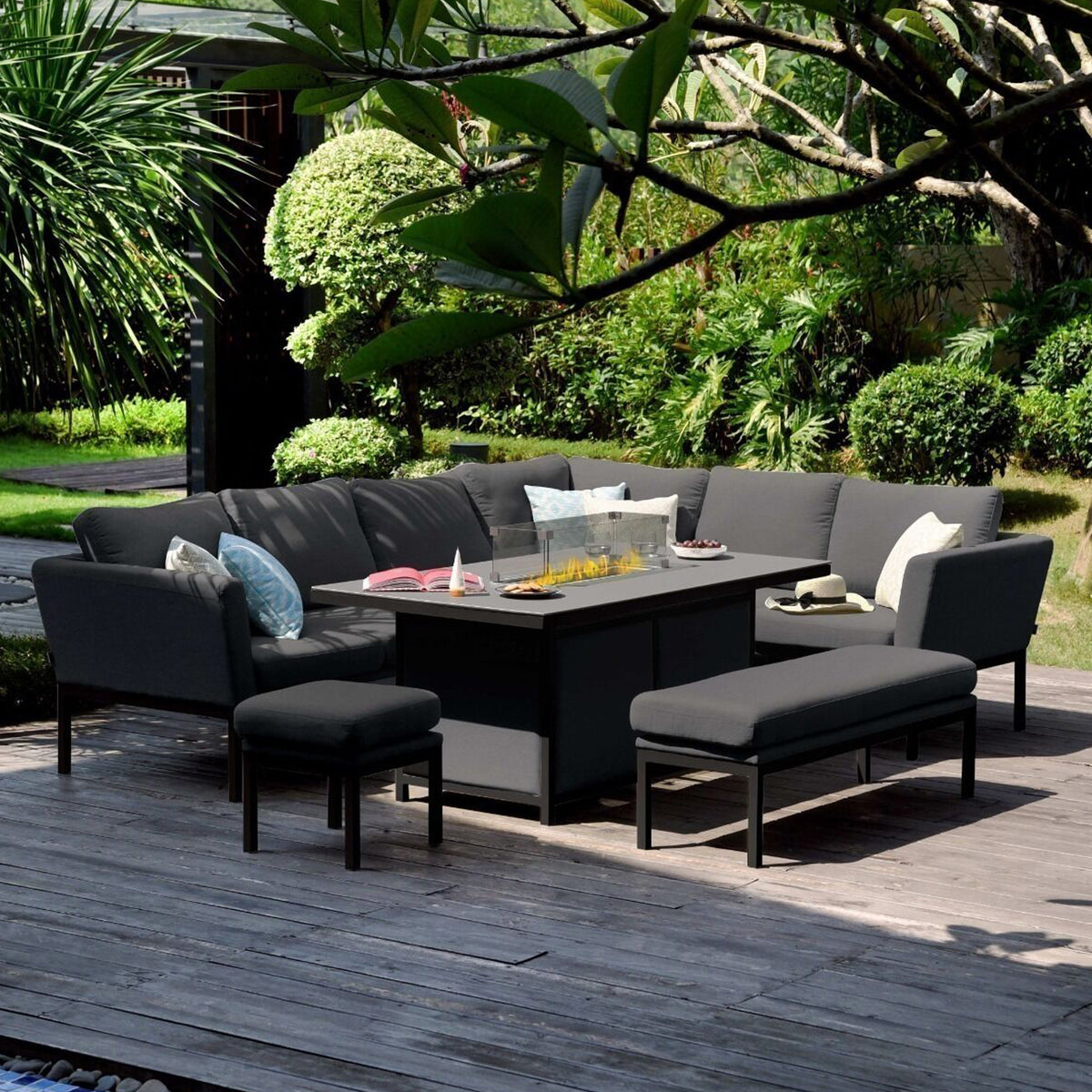 Maze Pulse Charcoal Left Handed Outdoor Rectangular Corner Dining Set with Fire Pit from Roseland Furniture