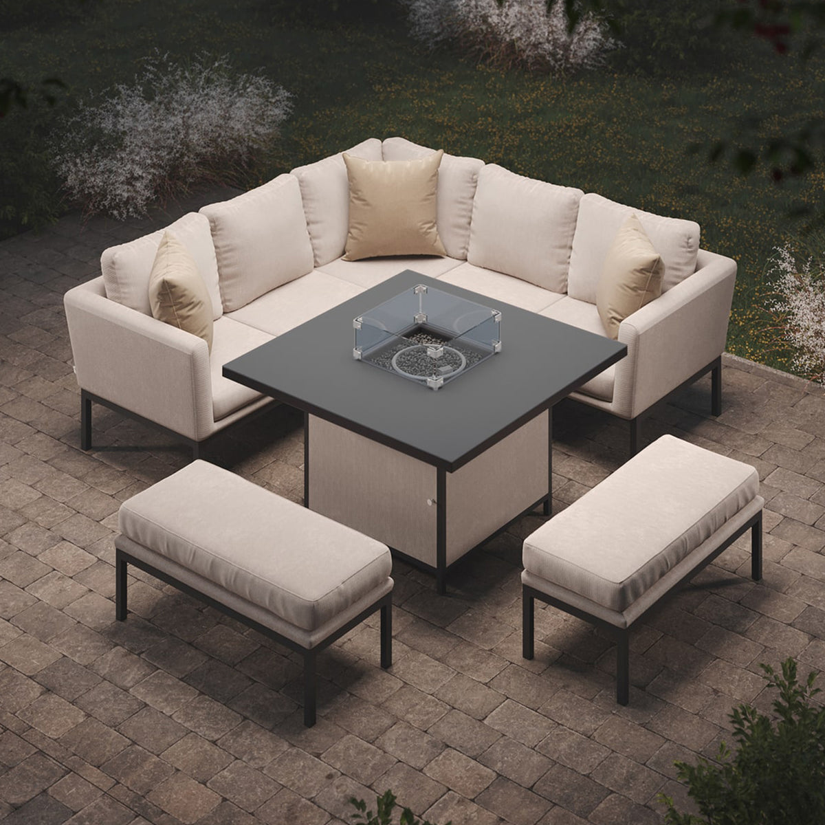 Maze Pulse Oatmeal Outdoor Corner Dining Set with Square Fire Pit