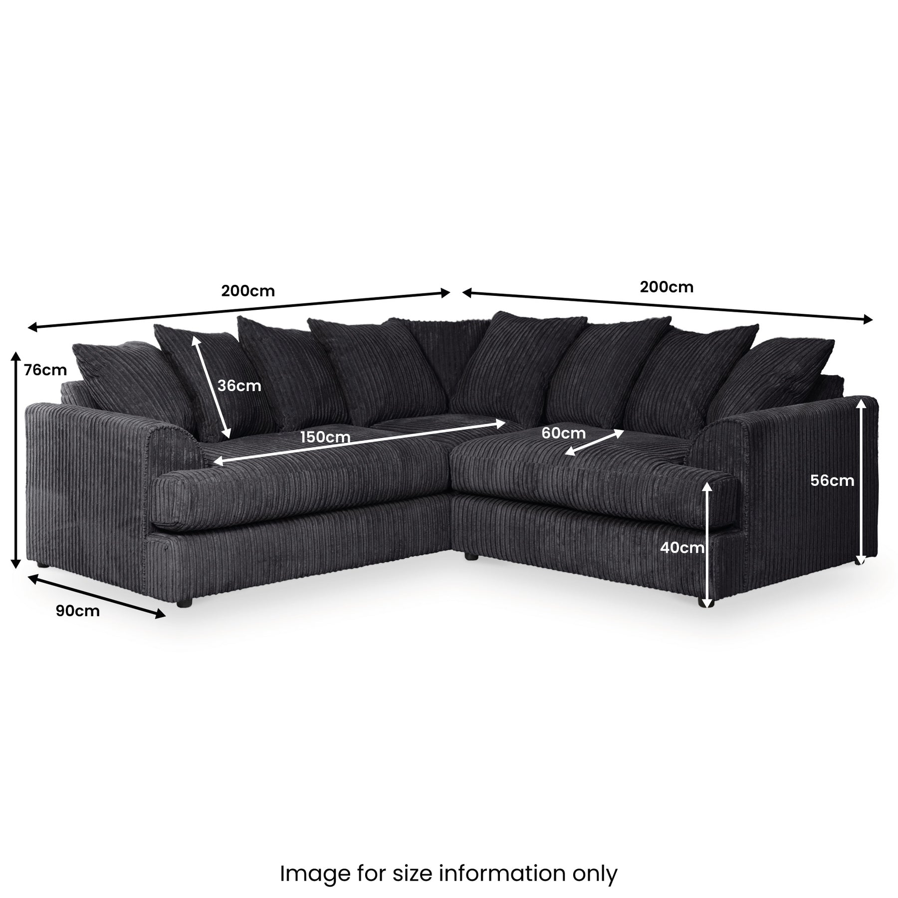 A dark colored corner sofa with dimensions labeled, such as 200cm width, against a white background. Text: "Image for size information only."