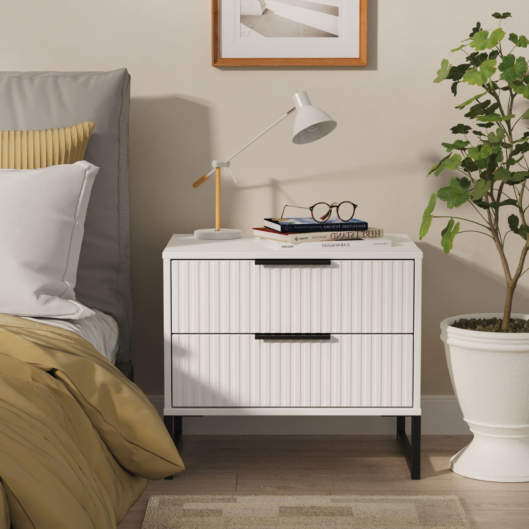 Callo Fluted 2 Drawer Side Table Matt White from Roseland Furniture