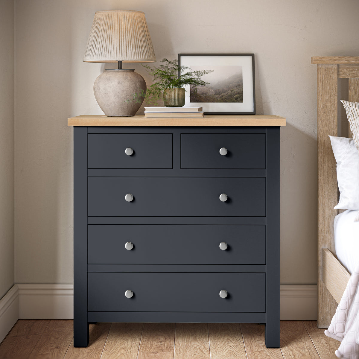 Farrow Charcoal 2 over 3 Chest of drawers from Roseland Furniture - Lifestyle Shot