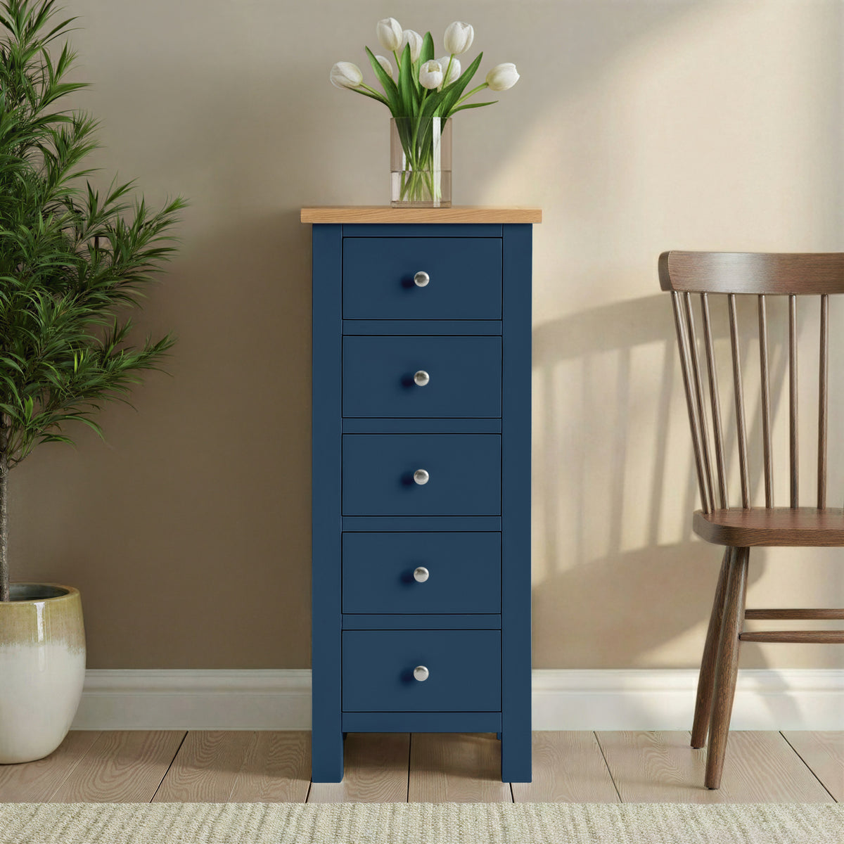 Farrow Navy Blue 5 Drawer Tallboy Chest from Roseland Furniture
