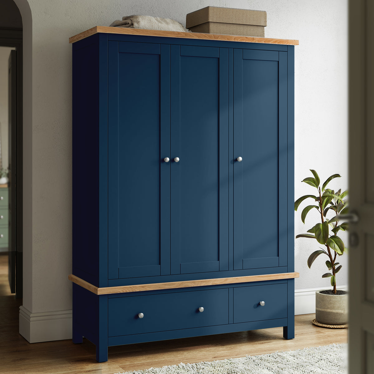 Farrow Navy Blue Triple Wardrobe with Storage Drawers from Roseland Furniture