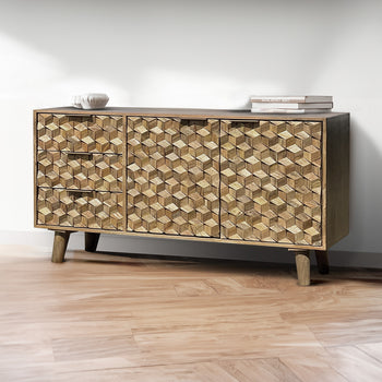 Enzo Geometric Mango Wood 3 Drawer 2 Door Sideboard
