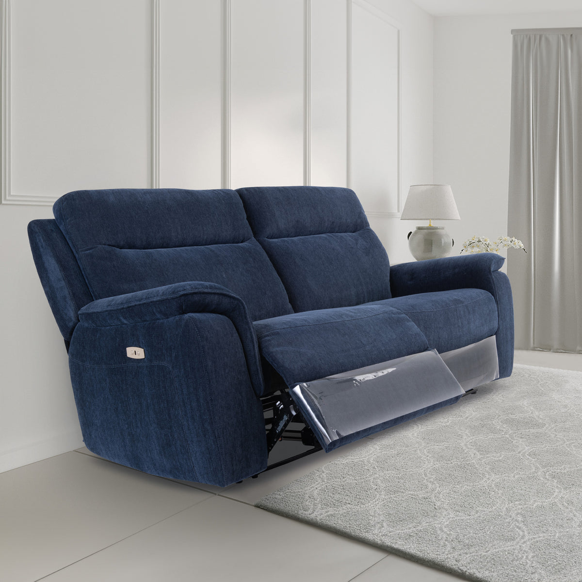 Weston Blue Fabric Electric Reclining 3 Seater Couch for living room