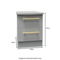 A grey two-drawer nightstand with gold handles is displayed, accompanied by dimension labels: 41.5cm high, 50.5cm deep, and 39.5cm wide. Text: "Image for size information only."