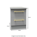 A grey two-drawer nightstand with gold handles is displayed, accompanied by dimension labels: 41.5cm high, 50.5cm deep, and 39.5cm wide. Text: "Image for size information only."