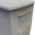 A gray two-drawer file cabinet with sleek golden handles on a white background.