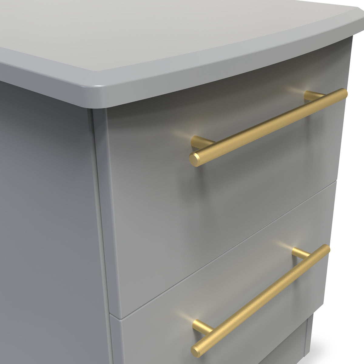 A gray two-drawer file cabinet with sleek golden handles on a white background.