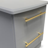 A gray two-drawer file cabinet with sleek golden handles on a white background.
