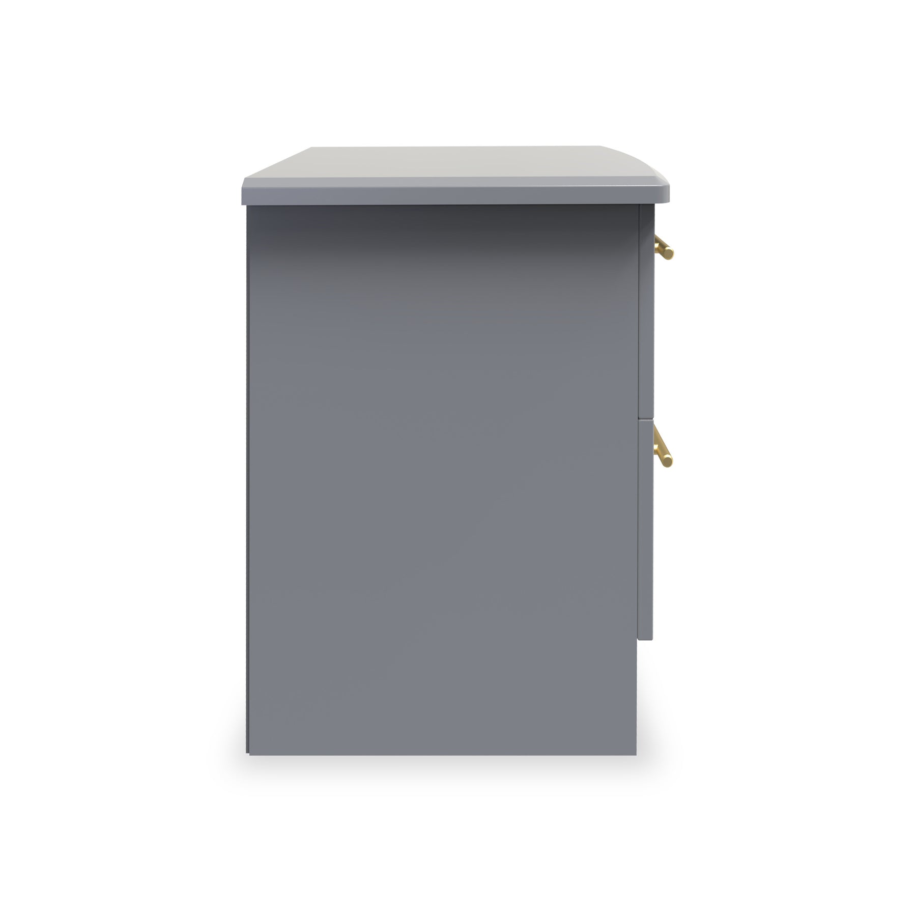 A grey, freestanding pedestal with a flat top, gold handles, and a drawer slightly ajar, isolated against a white background.
