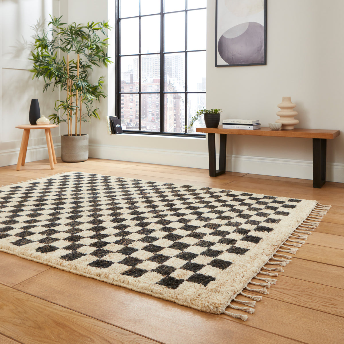 Franklin Natural Hemp Black & Ivory Chequered Rug for Living Room or ...