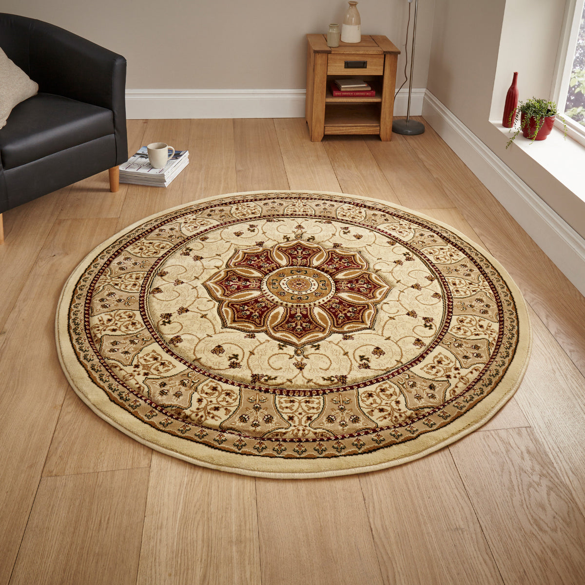Holden Red Cream Oriental Stain Resistant Circular Rug for living room