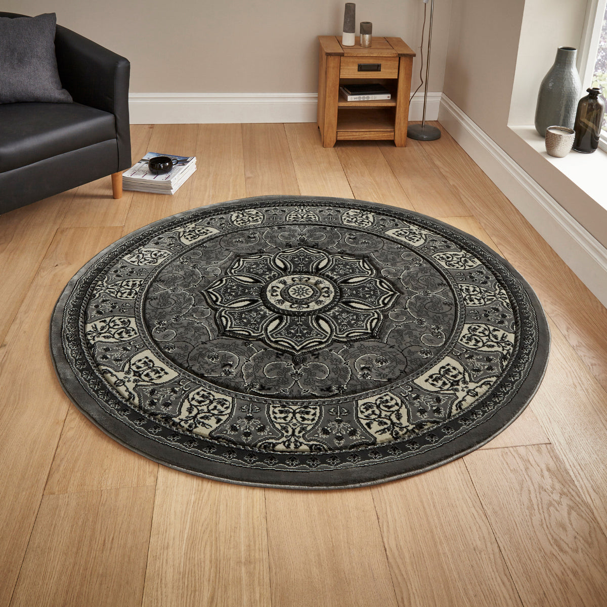 Holden Silver Oriental Stain Resistant Circular Rug for living room