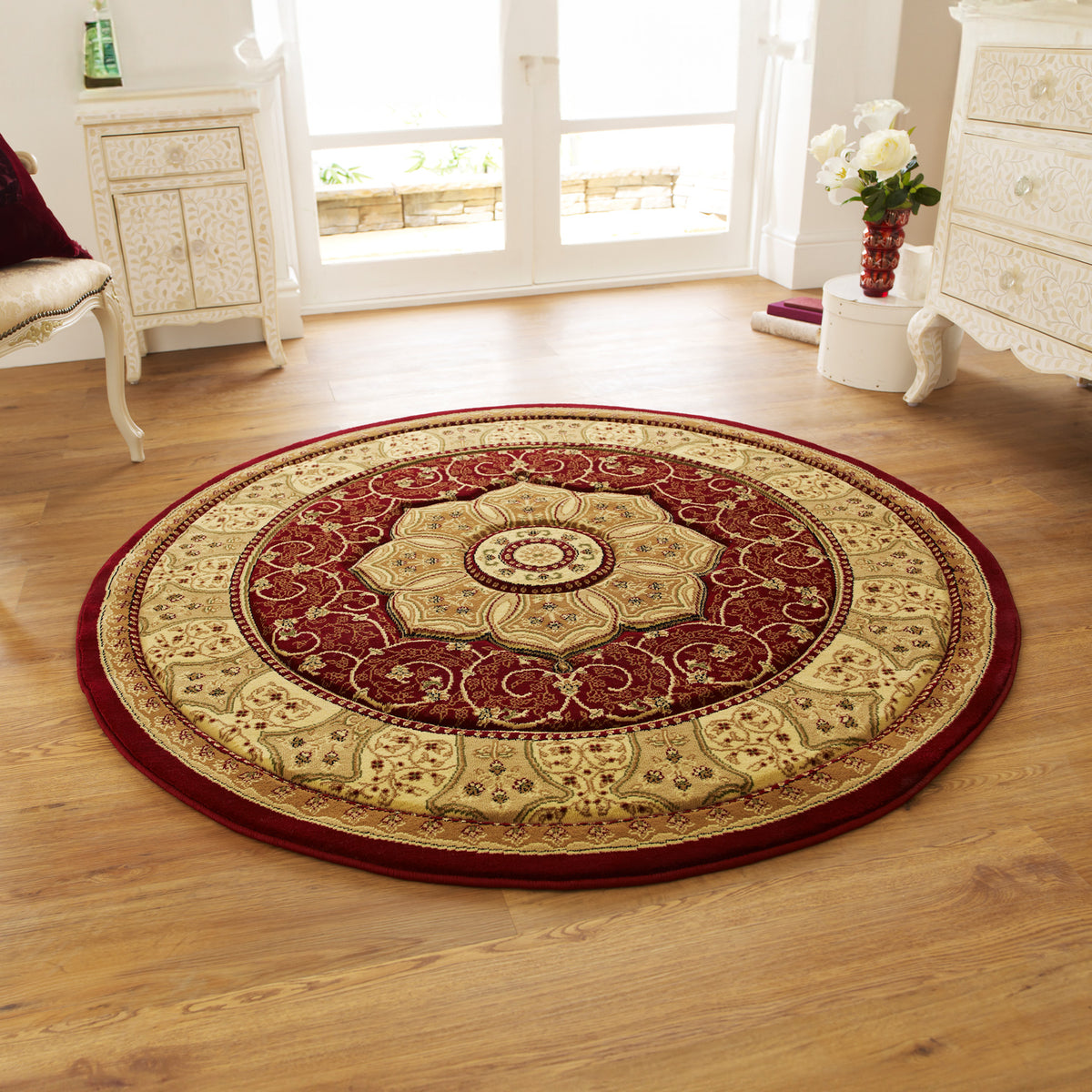Holden Red Oriental Stain Resistant Circular Rug for living room
