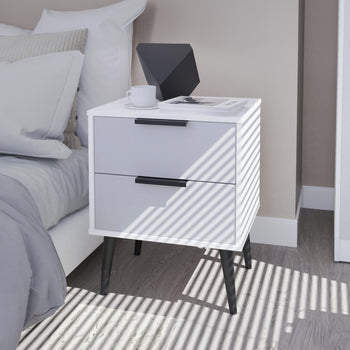 Asher White 2 Drawer Bedside Table with Black Legs
