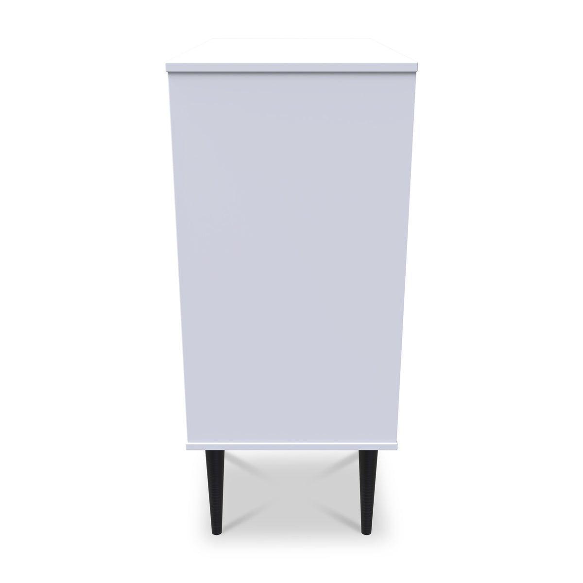 A grey, rectangular podium on two black, tapered legs stands against a white background.