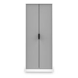 A closed gray double-door cabinet with a black handle, centered against a white background.