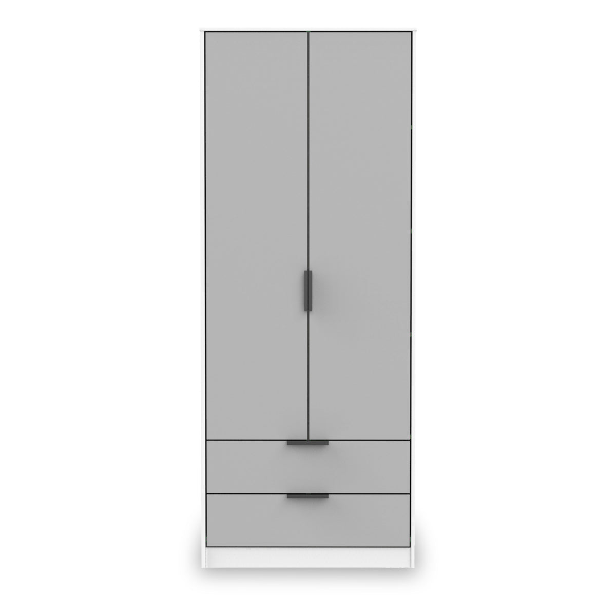 A tall grey wardrobe with two doors above and two drawers below, centered against a white background. The doors feature long vertical handles, and the drawers have horizontal ones.