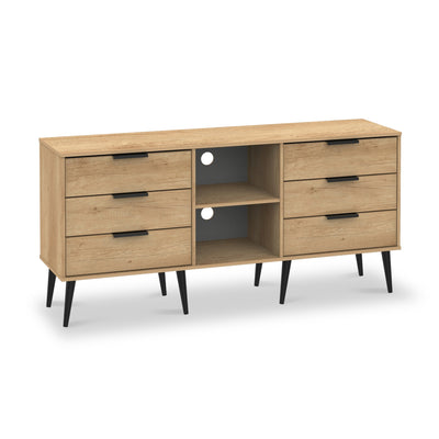 Asher Light Oak 6 Drawer Sideboard with Black Legs