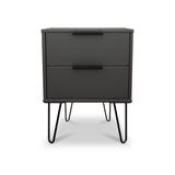 A black two-drawer nightstand stands against a white background. It features sleek handles and is supported by four slender, angled metal legs.