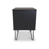 A black nightstand with a flat top and hairpin legs stands against a white background.
