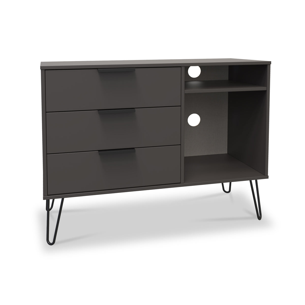 Moreno Graphite 3 Drawer TV Unit with Gold Hairpin Legs from Roseland Furniture
