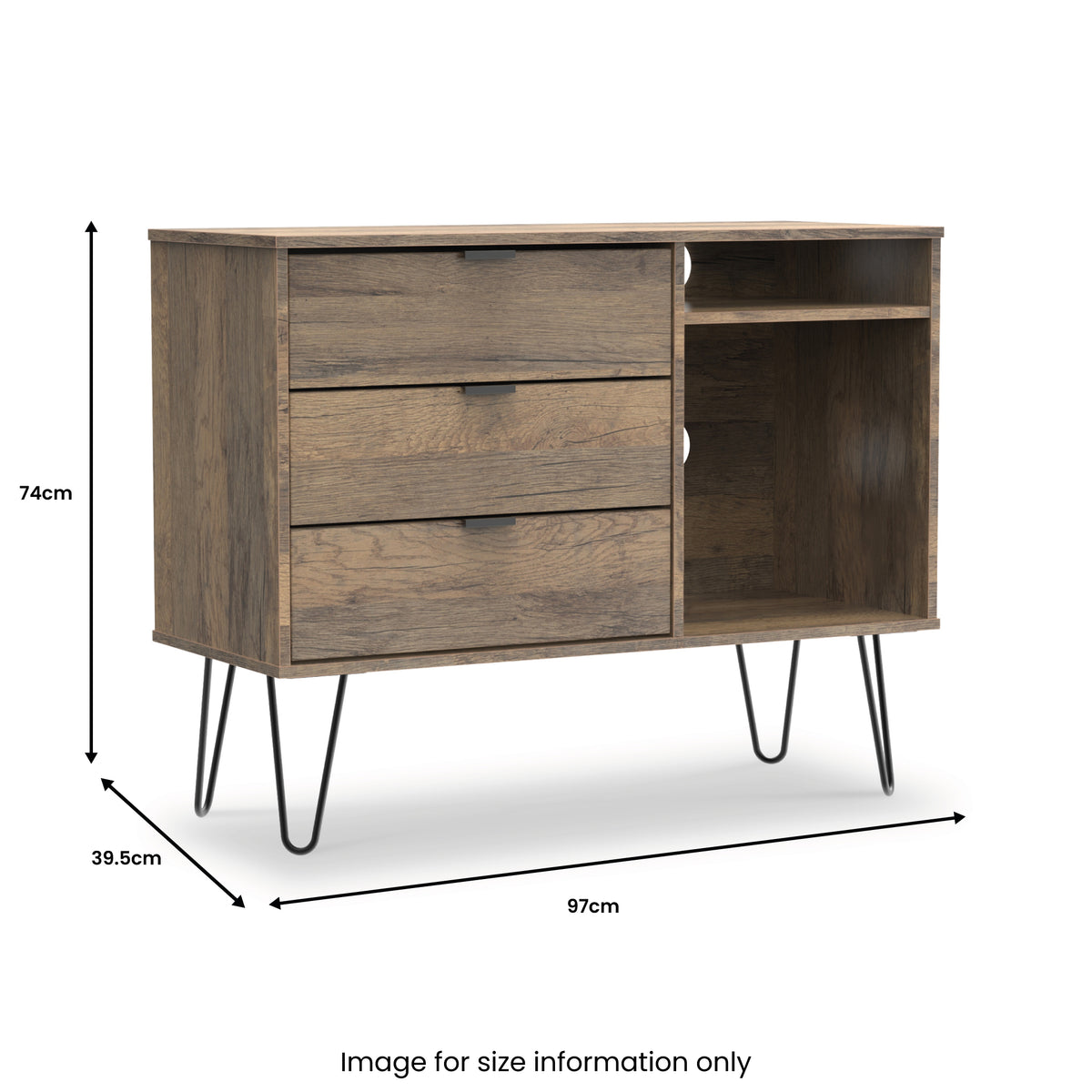 Moreno Rustic Oak 3 Drawer Tv Unit with Black Hairpin Legs from Roseland
