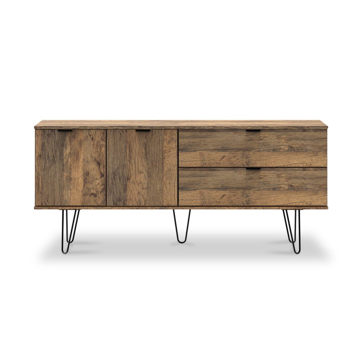 Asher Rustic Oak with Black Hairpin Legs 2 Drawer 2 Door Wide Sideboard from Roseland Furniture