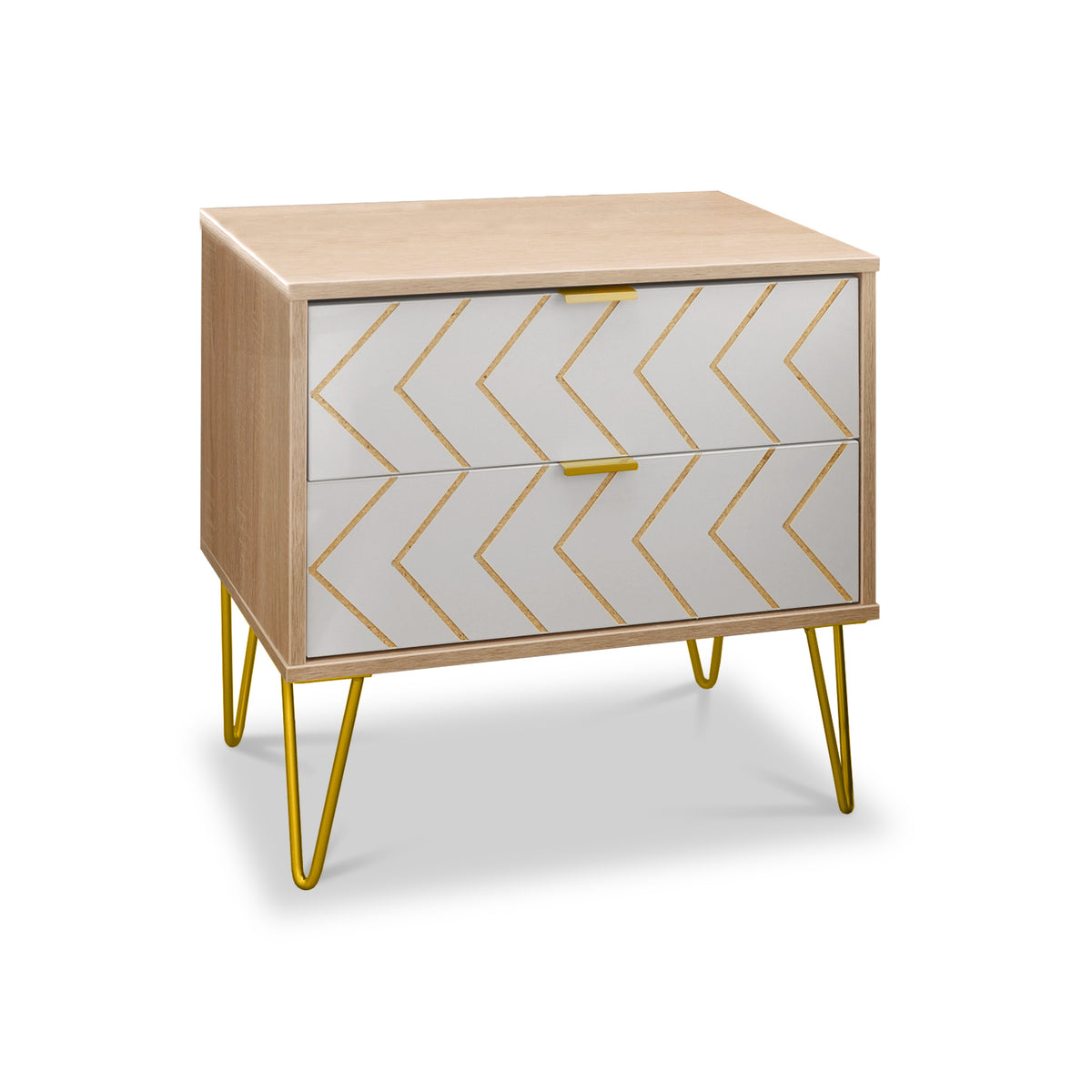 Mila White with Gold Hairpin Legs Wireless Charging 2 Drawer Bedside from Roseland size