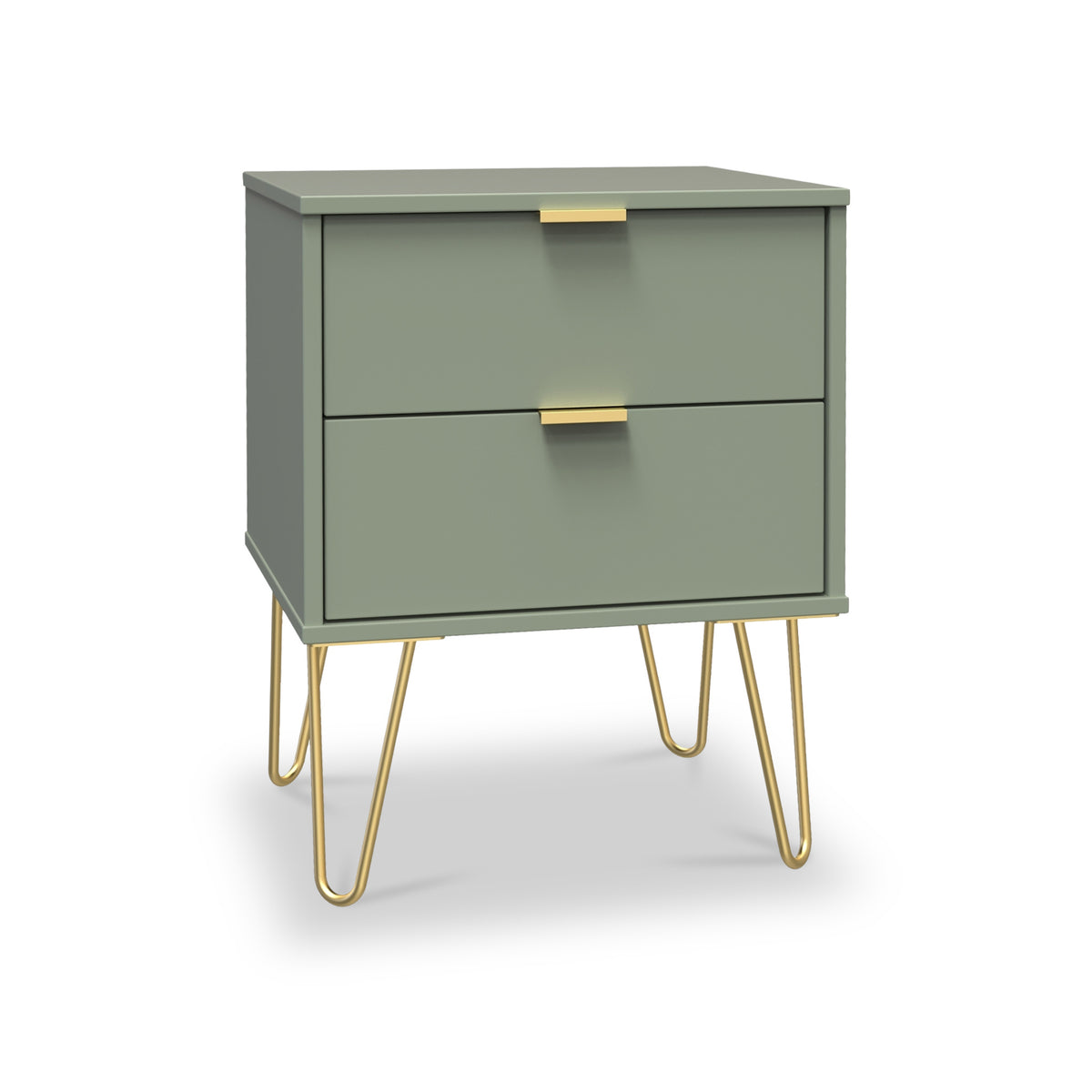 A green two-drawer nightstand with brass handles, standing on four golden hairpin legs, isolated on a white background.