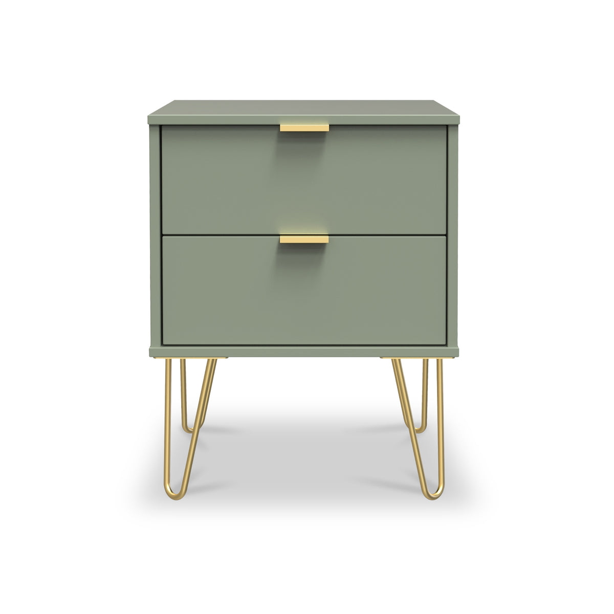 Green two-drawer nightstand with gold handles and legs, isolated on a white background.