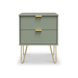 Green two-drawer nightstand with gold handles and legs, isolated on a white background.