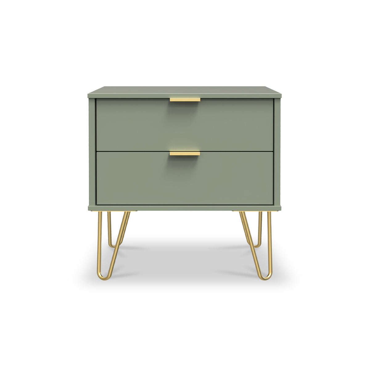 Moreno Olive Green 2 Drawer Sofa Side Lamp Table with Gold Hairpin Legs from Roseland Furniture