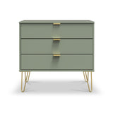 Moreno Olive Green 3 Drawer Chest with gold hairpin legs from Roseland furniture