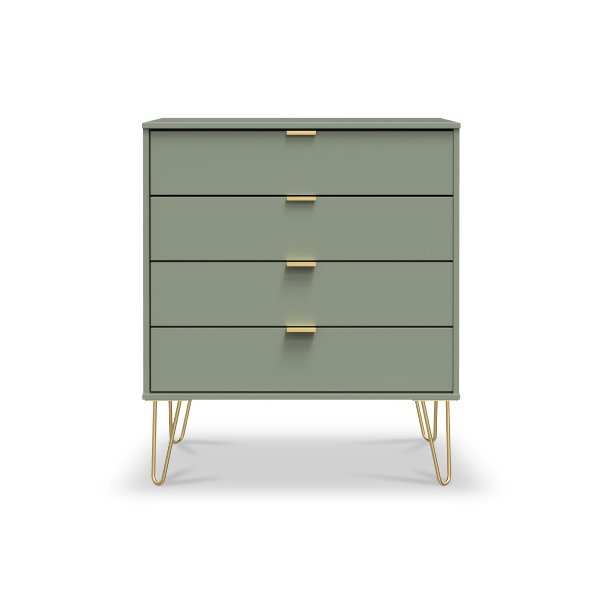 Moreno Olive Green 4 Drawer Chest with gold hairpin legs from Roseland furniture