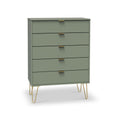 Moreno Olive Green 5 Drawer Chest with gold hairpin legs