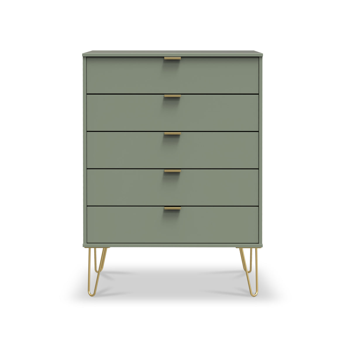 Moreno Olive Green 5 Drawer Chest with gold hairpin legs