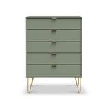Moreno Olive Green 5 Drawer Chest with gold hairpin legs