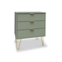 Moreno Olive Green 3 Drawer Midi Chest of Drawers Unit with gold hairpin legs from Roseland Furniture