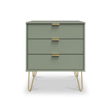 Moreno Olive Green 3 Drawer Midi Chest of Drawers Unit with gold hairpin legs from Roseland Furniture