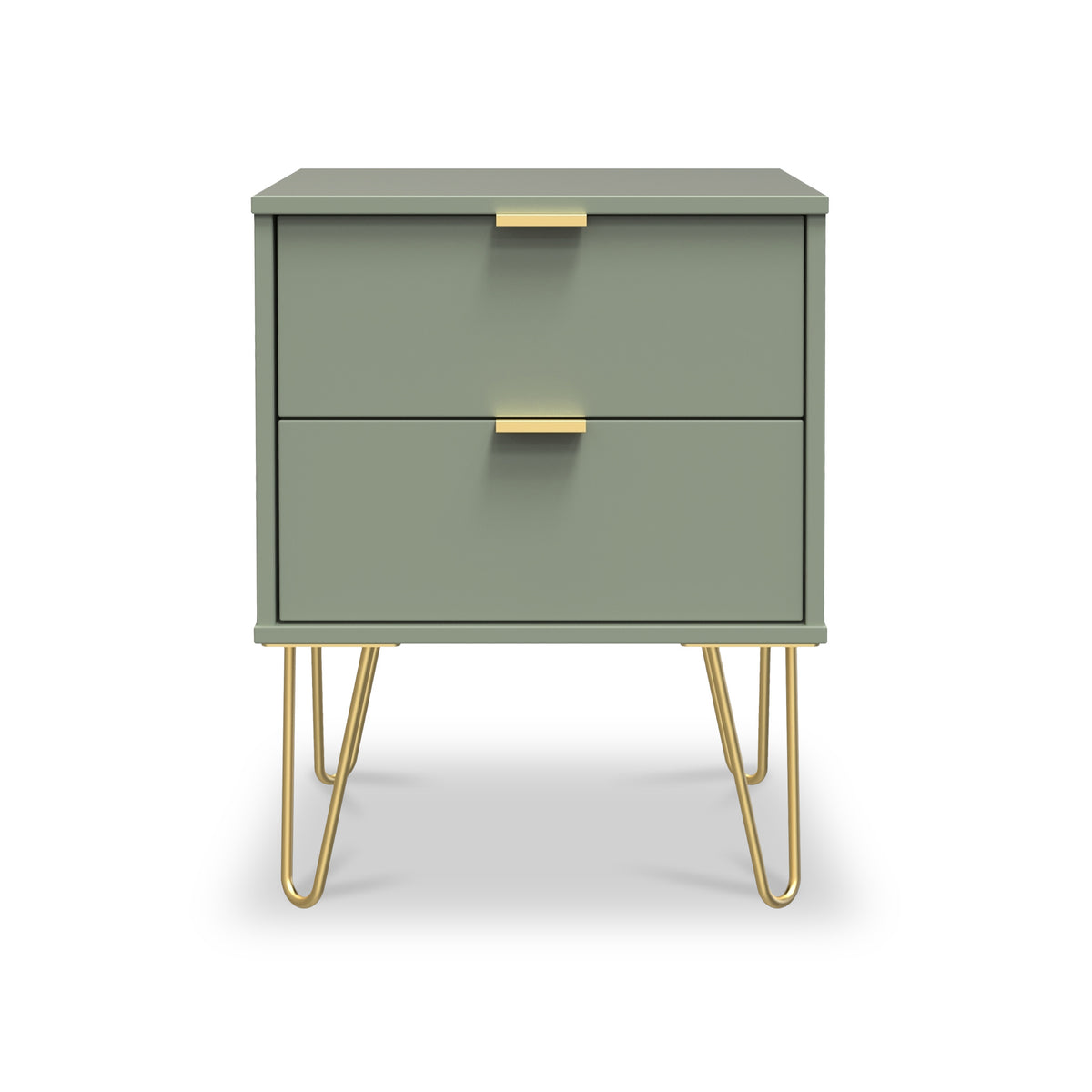 Moreno Olive with Gold Hairpin Legs Wireless Charging 2 Drawer Bedside Table by Roseland Furniture