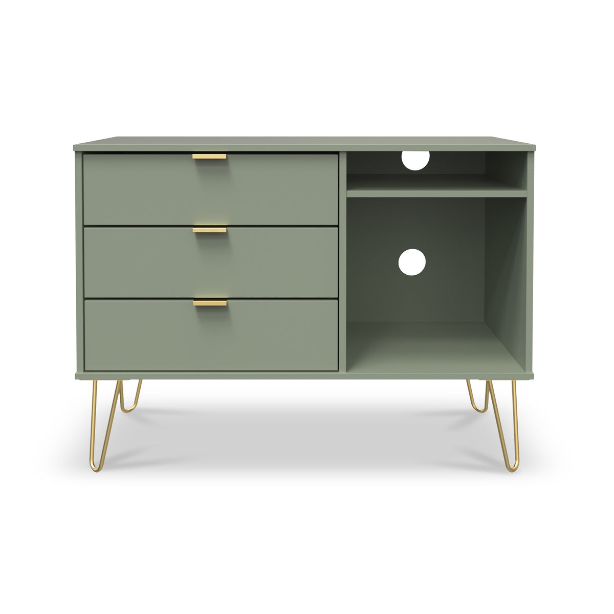 Moreno Olive 3 Drawer TV Unit with Gold Hairpin Legs from Roseland Furniture