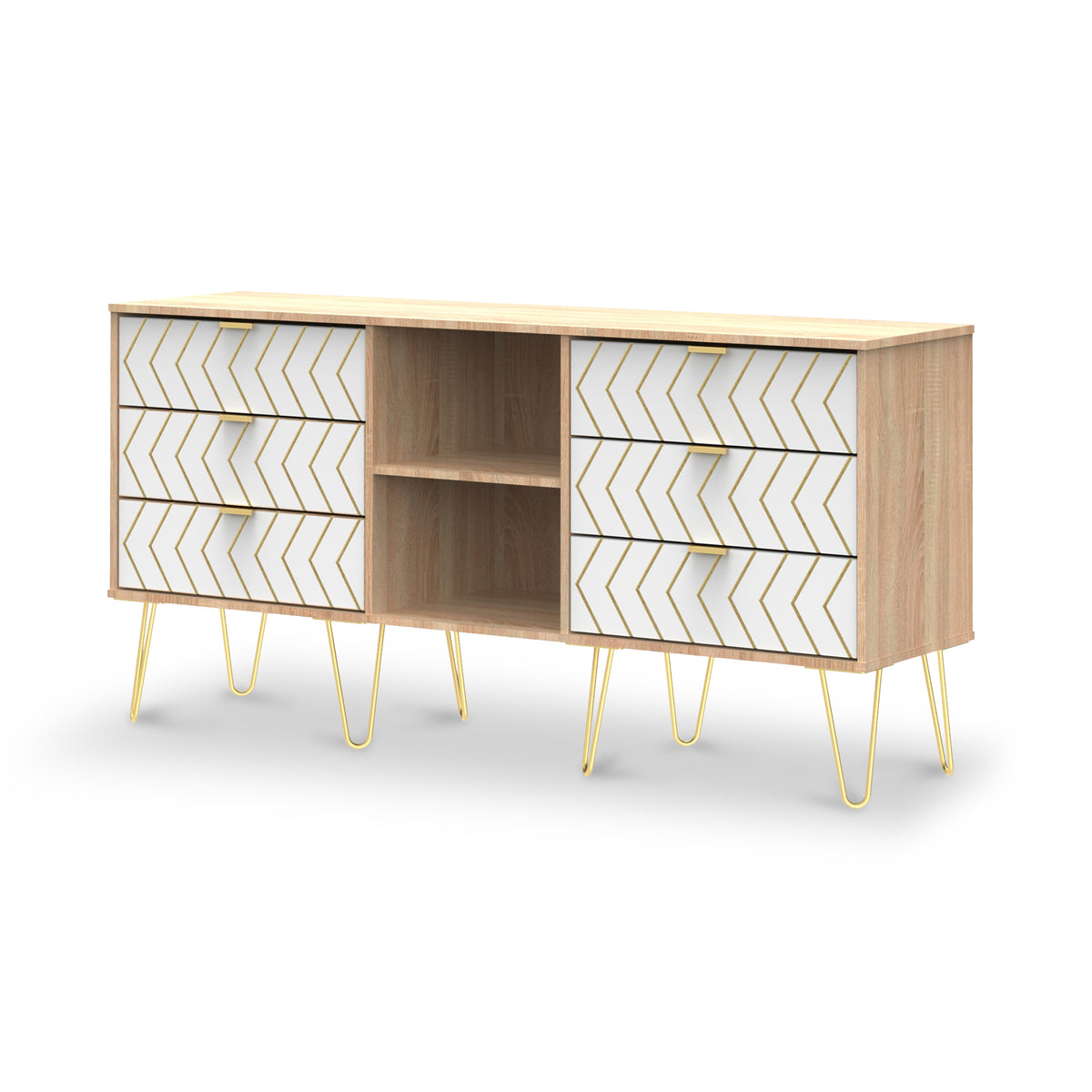 Mila White with Gold Hairpin Legs 6 Drawer Sideboard from Roseland Furniture