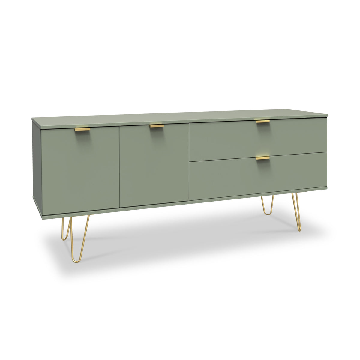 Moreno Olive Green 2 Door 2 Drawer Sideboard Cabinet with gold hairpin legs from Roseland Furniture