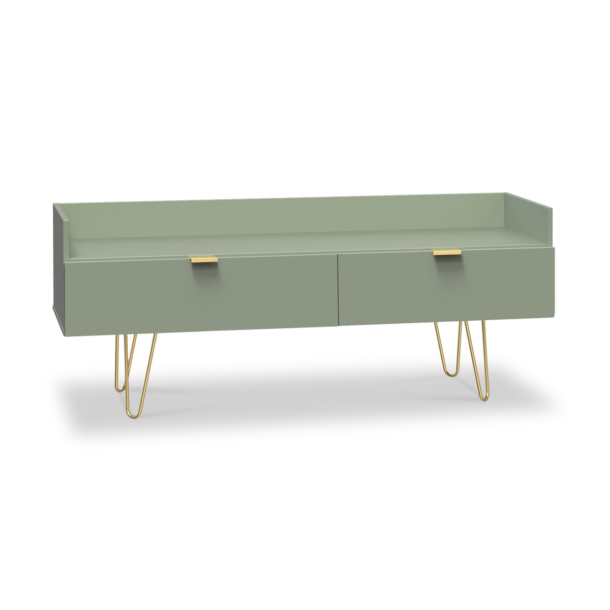 Moreno Olive Green 2 Drawer Media Console Unit with gold hairpin legs from Roseland Furniture