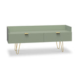 Moreno Olive Green 2 Drawer Media Console Unit with gold hairpin legs from Roseland Furniture