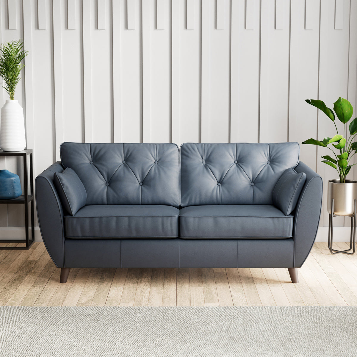 Edison Leather 3 Seater Sofa Dark Feet Navy Blue Dims from Roseland Furniture
